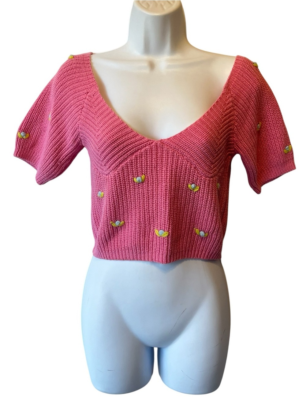 Cider pullover sweater M Pink Embroidered flowers V-neck Short sleeves Womens